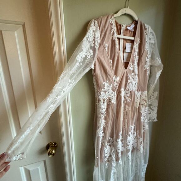 Missguided Plunge Mesh Embroidered Mesh Fishtail Dress Maxi White Nude Sheer NWT - Picture 5 of 9